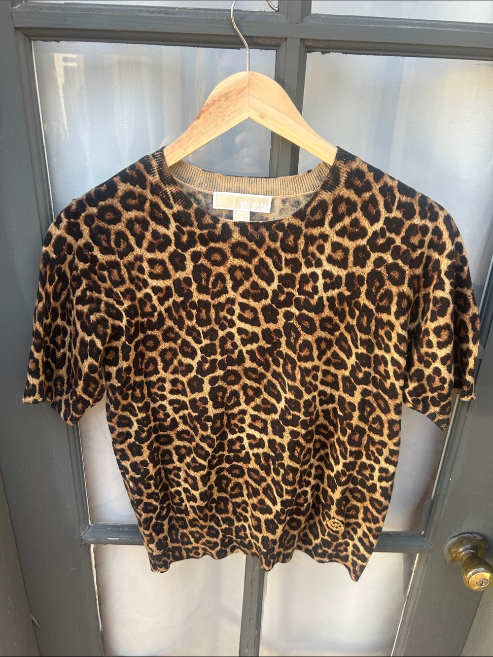 Michael Kors Leopard Print Short Sleeve Top - Brown & Black